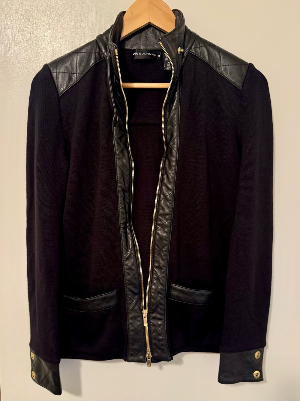 Dana Buchman Black Leather Trim Merino Wool Zip Sweater with Gold Hardware Small